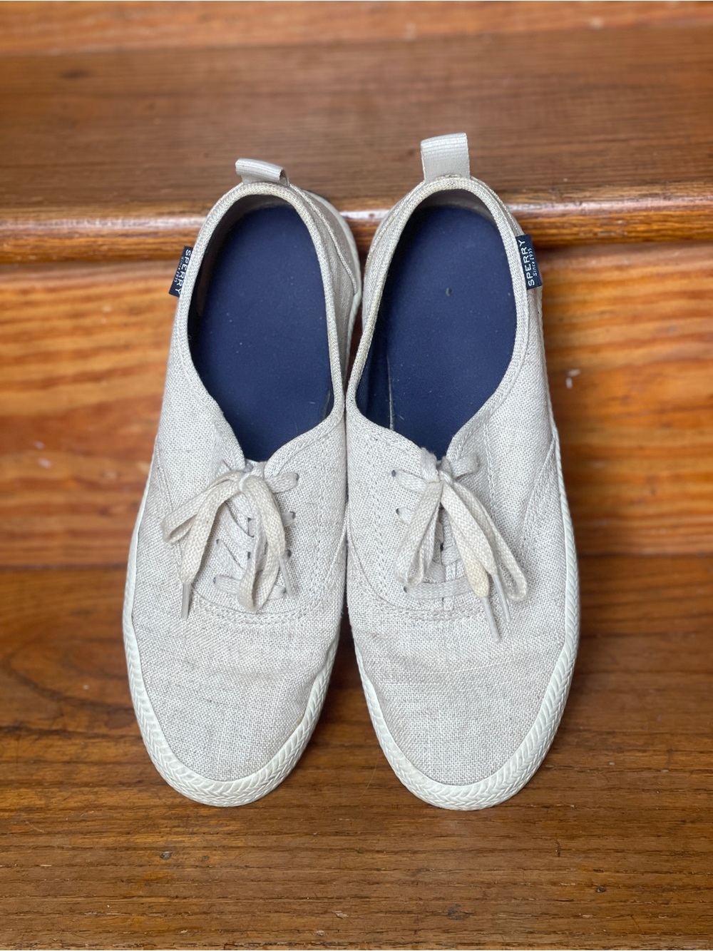 Sperry Beige Canvas Lace-Up Sneakers with Navy Insoles
